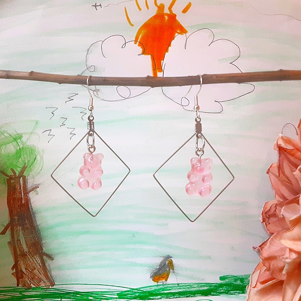 Fun Pink Gummy Bear Square hoop Earrings